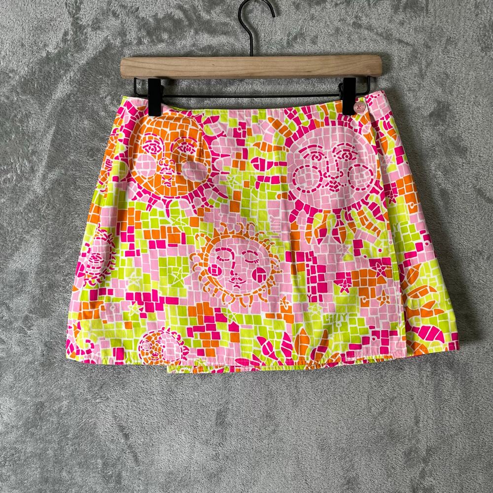 Lilly Pulitzer Reversible Mini Skirt Pink Green Floral Mosaic Print ALine Size 2 - Picture 3 of 6